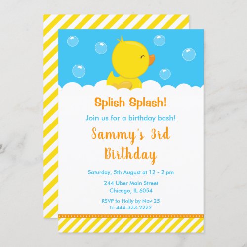 Rubber Ducky Birthday Party Yellow and Blue Invitation