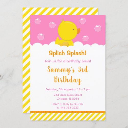 Rubber Ducky Birthday Party Yellow and Pink Invitation