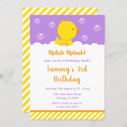 Rubber Ducky Birthday Party Yellow and Purple Invitation