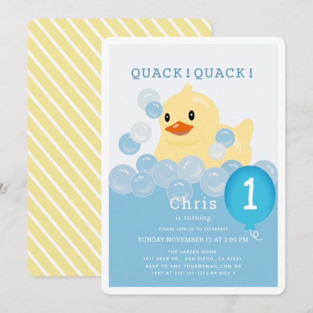 Rubber Ducky Blue Boy 1st Birthday Invitation (Front/Back)