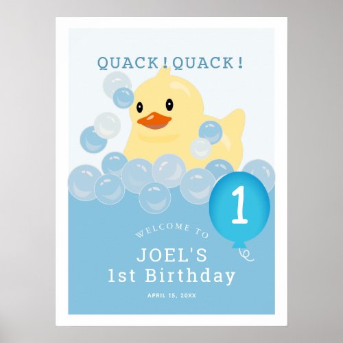 Rubber Ducky Blue Boy 1st Birthday Welcome Poster