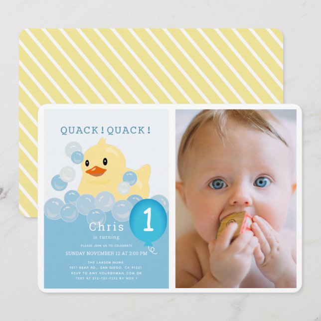 Rubber Ducky Blue Boy Photo 1st Birthday Invitation (Front/Back)