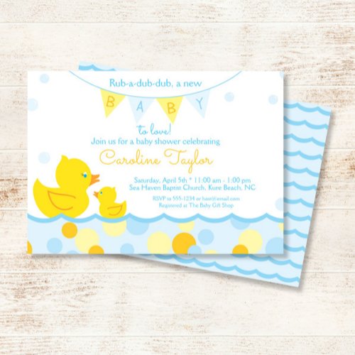 Rubber Ducky Blue  Yellow Baby Shower Invitation