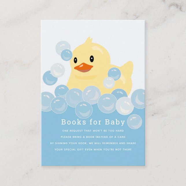 Rubber Ducky Boy Blue Baby Shower Book Request Enclosure Card (Front)