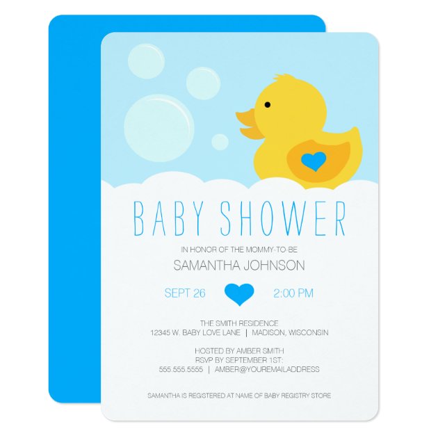 Rubber Ducky Bubble Bath Boy Baby Shower Invitation
