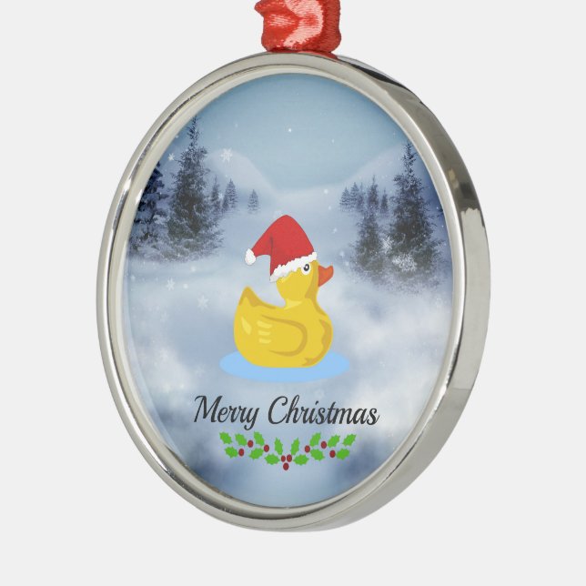 Rubber Ducky Christmas Greetings Metal Ornament (Left)