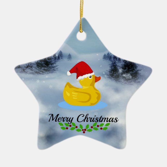 Rubber Ducky Christmas Greetings (with holly) Ceramic Ornament (Front)