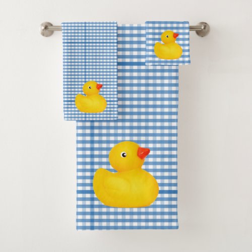 Rubber Ducky Duck Blue Gingham Bathroom Towel Set