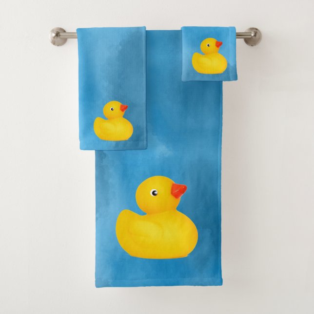 Rubber Ducky Duck Blue Watercolor Art Bath Towel Set (Insitu)