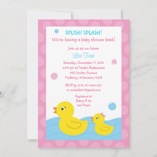 Rubber Ducky Duck Girl Baby Shower Invitations