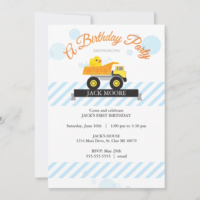 Rubber Ducky Dump Truck Birthday Invitation (Front)