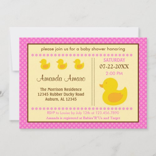 Rubber Ducky Girl Baby Shower Invitation