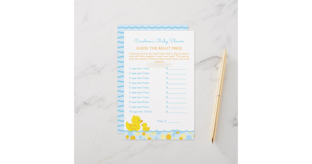 Rubber Ducky Guess Price Baby Shower Game | Zazzle