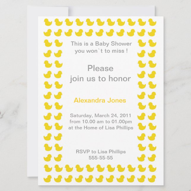 Rubber Ducky invitation for Baby Shower yellow (Front)