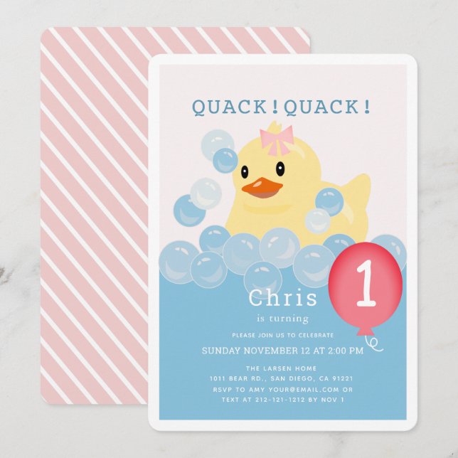 Rubber Ducky Pink Girl 1st Birthday Invitation (Front/Back)
