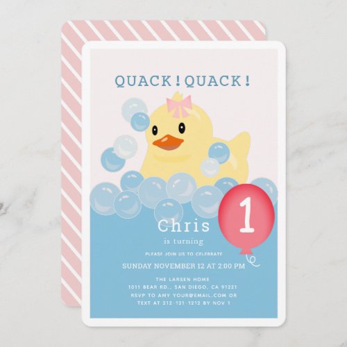 Rubber Ducky Pink Girl 1st Birthday Invitation