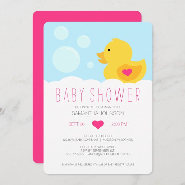 Rubber Ducky Pink Girl Baby Shower Invitation (Front/Back)