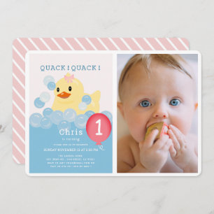 Rubber Ducky Pink Girl Photo 1st Birthday Invitation