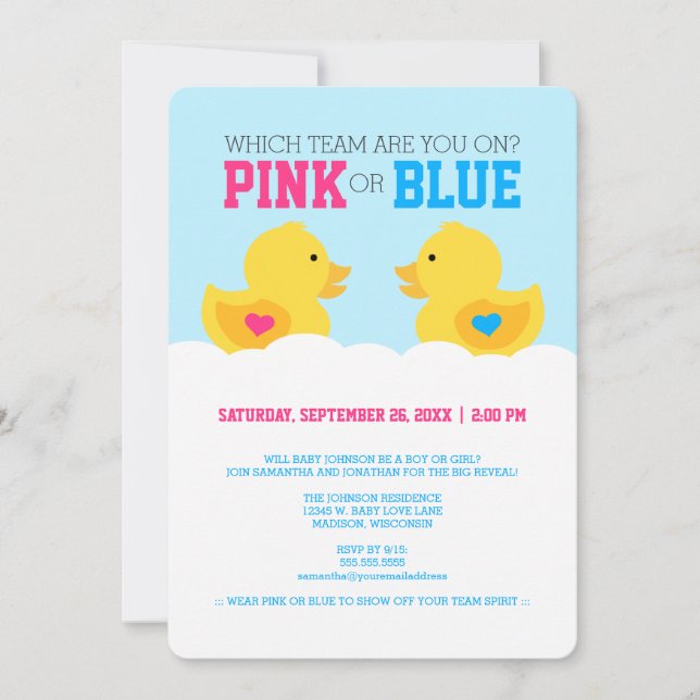 Rubber Ducky Pink or Blue Gender Reveal Party Invitation (Front)