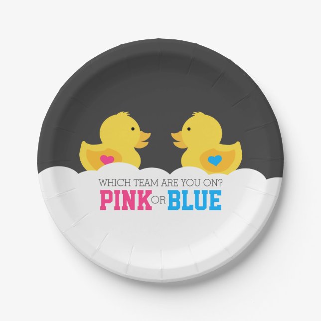 Rubber Ducky Pink or Blue Gender Reveal Party Paper Plates (Front)