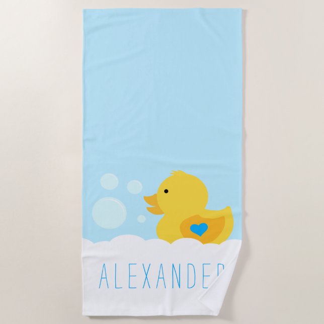 Rubber Ducky With Blue Heart Beach Towel (Front)