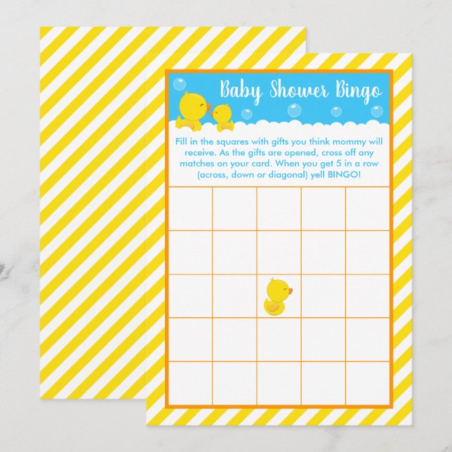 Rubber Ducky Yellow and Blue Baby Shower Bingo Invitation (Front/Back)