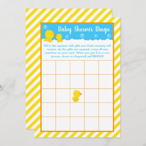 Rubber Ducky Yellow and Blue Baby Shower Bingo Invitation