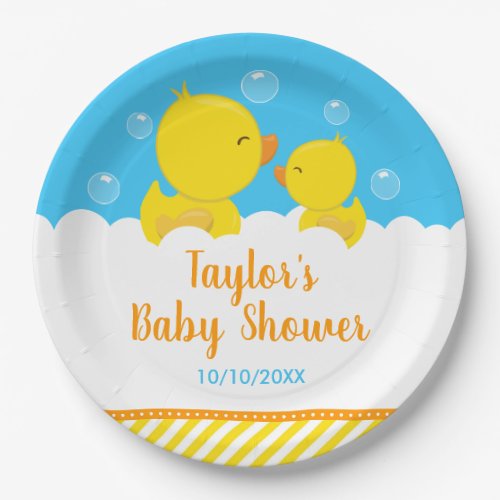 Rubber Ducky Yellow and Blue Baby Shower Paper Plates