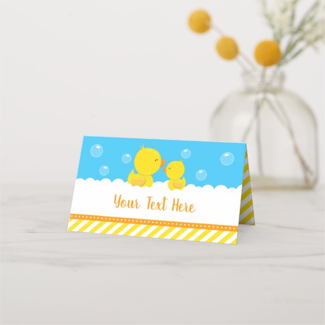 Rubber Ducky Yellow and Blue Baby Shower Place Card (Front)