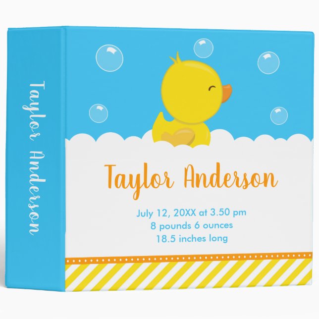 Rubber Ducky Yellow and Blue Birth Statistics 3 Ring Binder (Front/Spine)