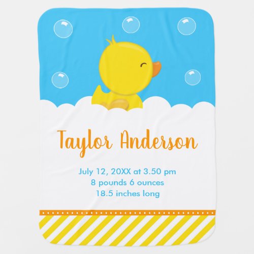 Rubber Ducky Yellow and Blue Birth Statistics Baby Blanket