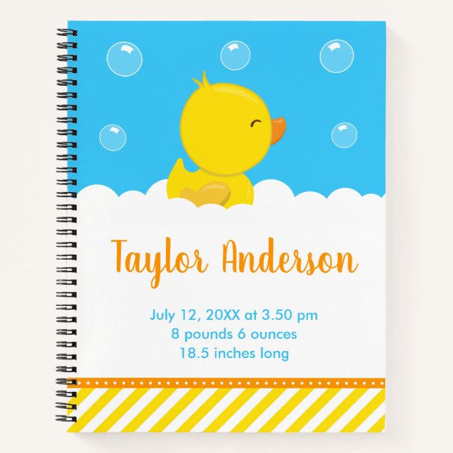 Rubber Ducky Yellow and Blue Birth Statistics Notebook (Front)