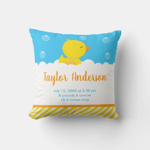 Rubber Ducky Yellow and Blue Birth Statistics Throw Pillow
