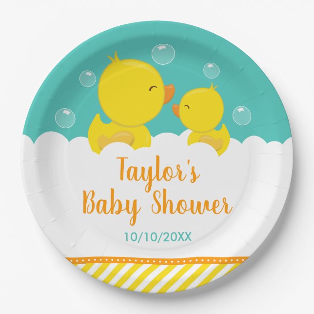 Rubber Ducky Yellow and Green Baby Shower Paper Plates (Front)