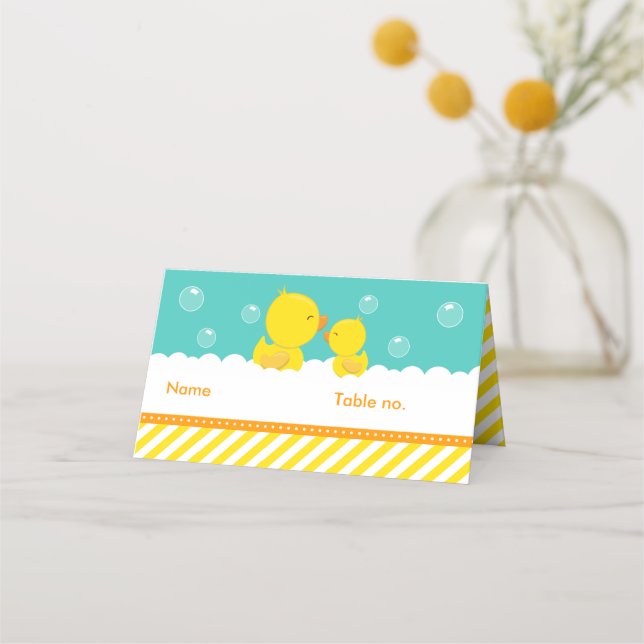 Rubber Ducky Yellow and Green Baby Shower Seating Place Card (Front)