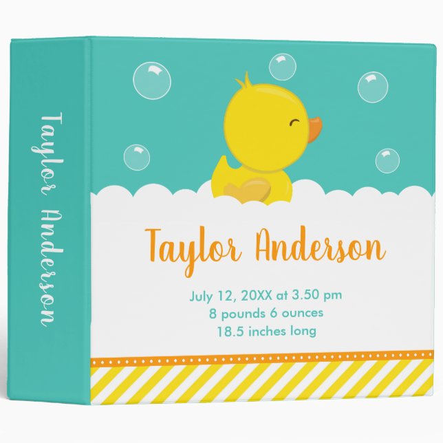 Rubber Ducky Yellow and Green Birth Statistics 3 Ring Binder (Front/Spine)