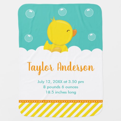 Rubber Ducky Yellow and Green Birth Statistics Baby Blanket