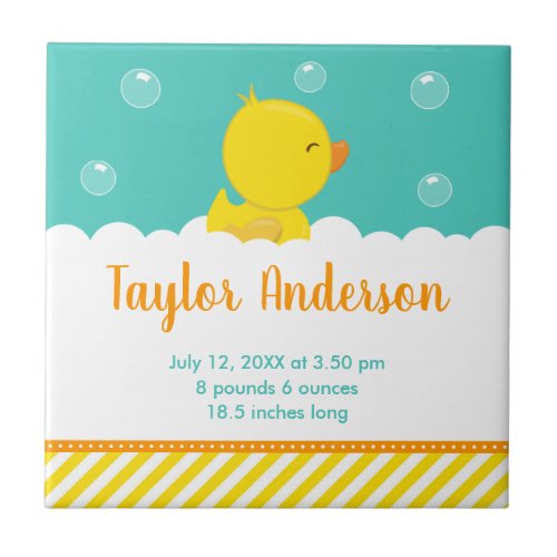 Rubber Ducky Yellow and Green Birth Statistics Ceramic Tile