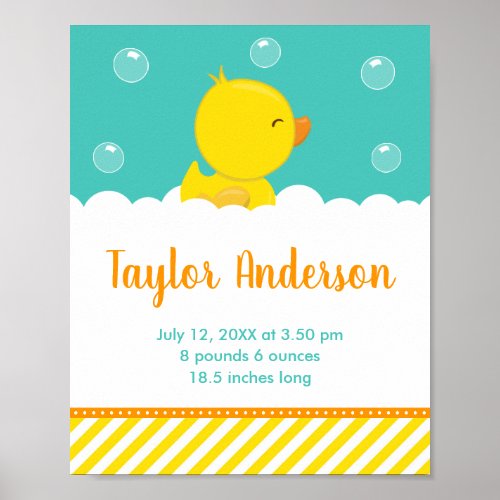 Rubber Ducky Yellow and Green Birth Statistics Poster