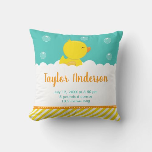 Rubber Ducky Yellow and Green Birth Statistics Throw Pillow