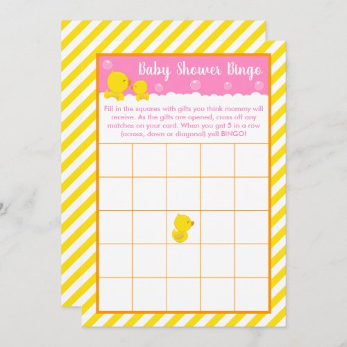 Rubber Ducky Yellow and Pink Baby Shower Bingo Invitation