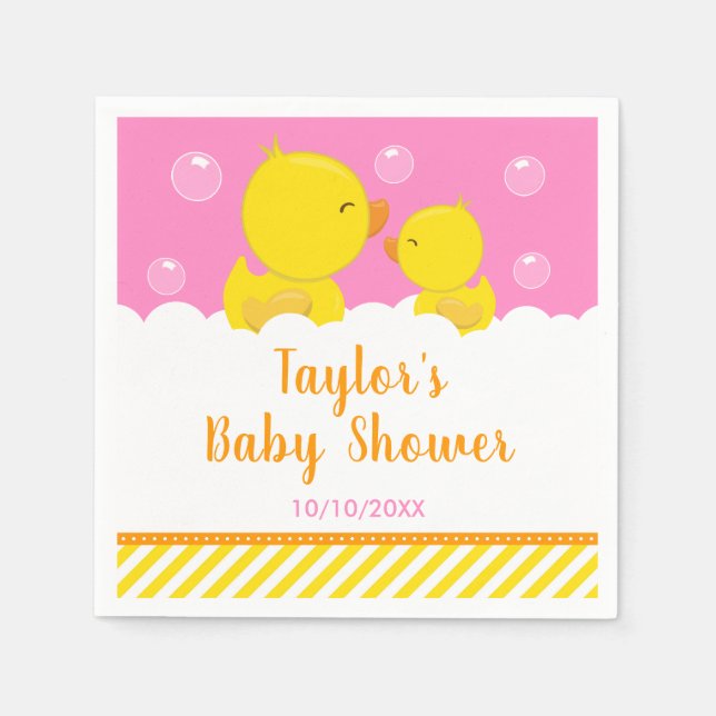 Rubber Ducky Yellow and Pink Baby Shower Napkins (Front)