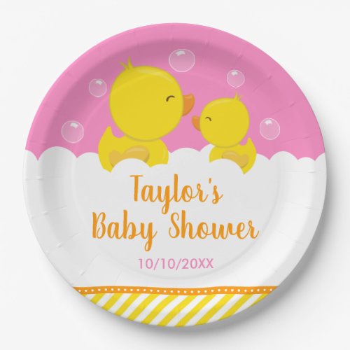 Rubber Ducky Yellow and Pink Baby Shower Paper Plates