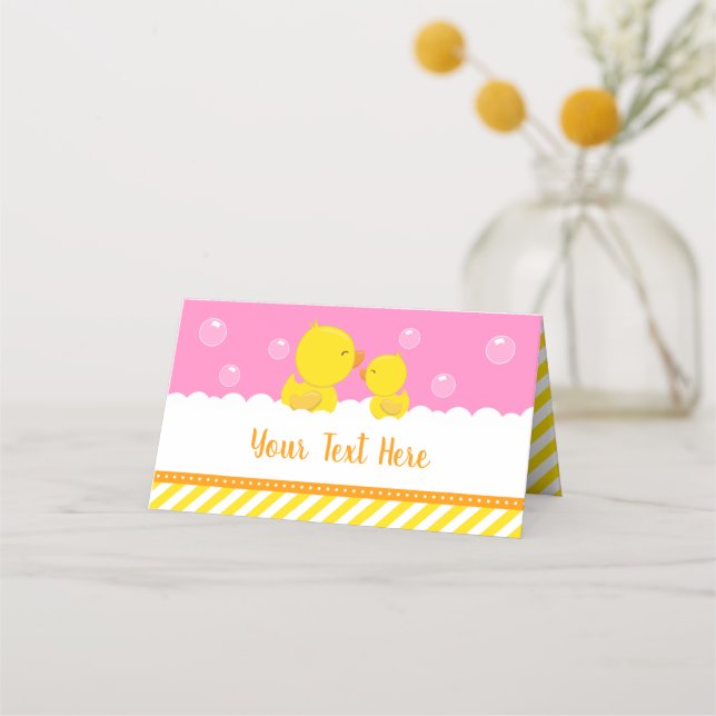 Rubber Ducky Yellow and Pink Baby Shower Place Card (Front)