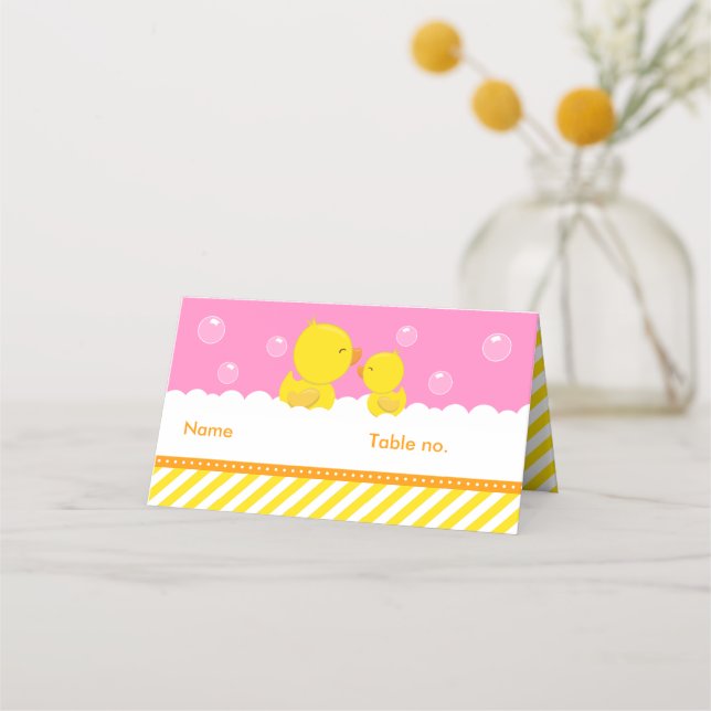 Rubber Ducky Yellow and Pink Baby Shower Seating Place Card (Front)