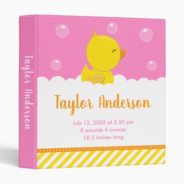 Rubber Ducky Yellow and Pink Birth Statistics 3 Ring Binder (Front/Spine)