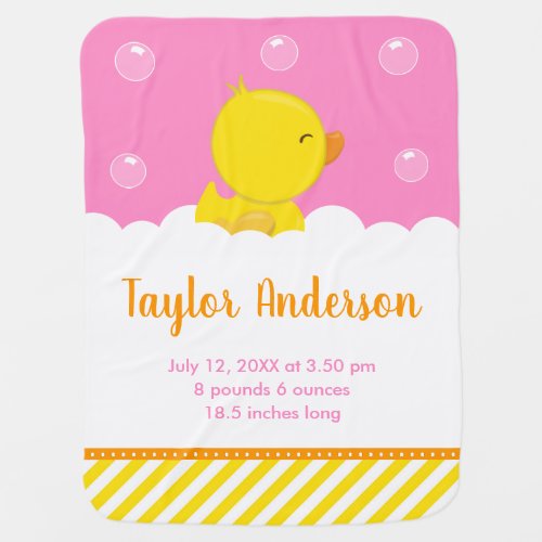 Rubber Ducky Yellow and Pink Birth Statistics Baby Blanket