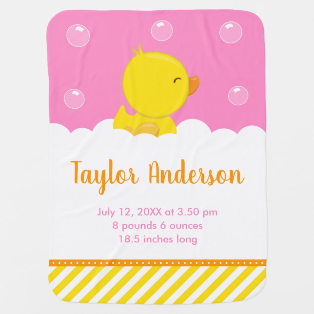 Rubber Ducky Yellow and Pink Birth Statistics Baby Blanket (Front)