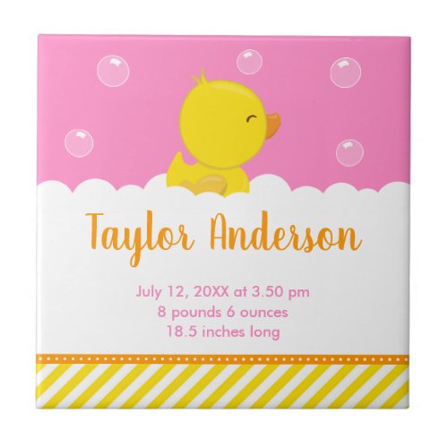 Rubber Ducky Yellow and Pink Birth Statistics Ceramic Tile