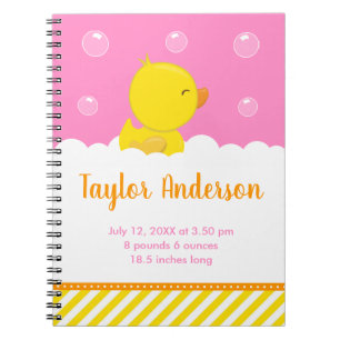 Rubber Ducky Yellow and Pink Birth Statistics Notebook